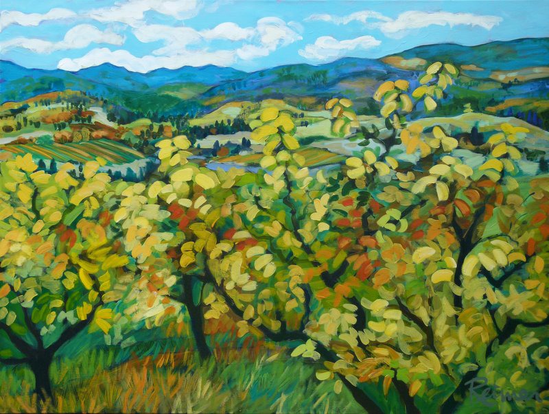 original acrylic on canvas by Christine Reimer titled Golden Apple Trees Naramata 36" x48"