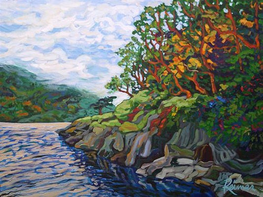 original acrylic on canvas by Christine Reimer titled Arbutus Trees at Willis Point, 30x40