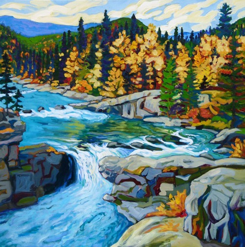 original acrylic on canvas by Christine Reimer titled Elbow Falls - Kananaskis, 36 x 36