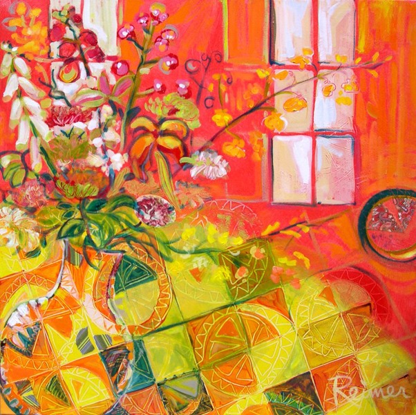 original acrylic on canvas by Christine Reimer titled Foxgloves and Orchids in Orange Light 30" x30"